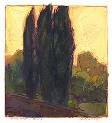 * Cypress Trees at the Palatine, 3 x 2-3/4 inches, gouache on paper