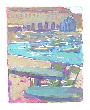 Mykonos Cafe, 2-1/2 x 2 inches, gouache on paper
