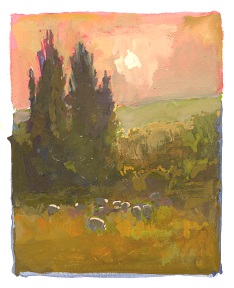 * Sheep at Sundown, Lesvos, 3-1/2 x 3 inches, gouache on paper