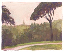 Late Day, Pamphili Garden, Rome, 6-1/2 x 8 inches, gouache on paper